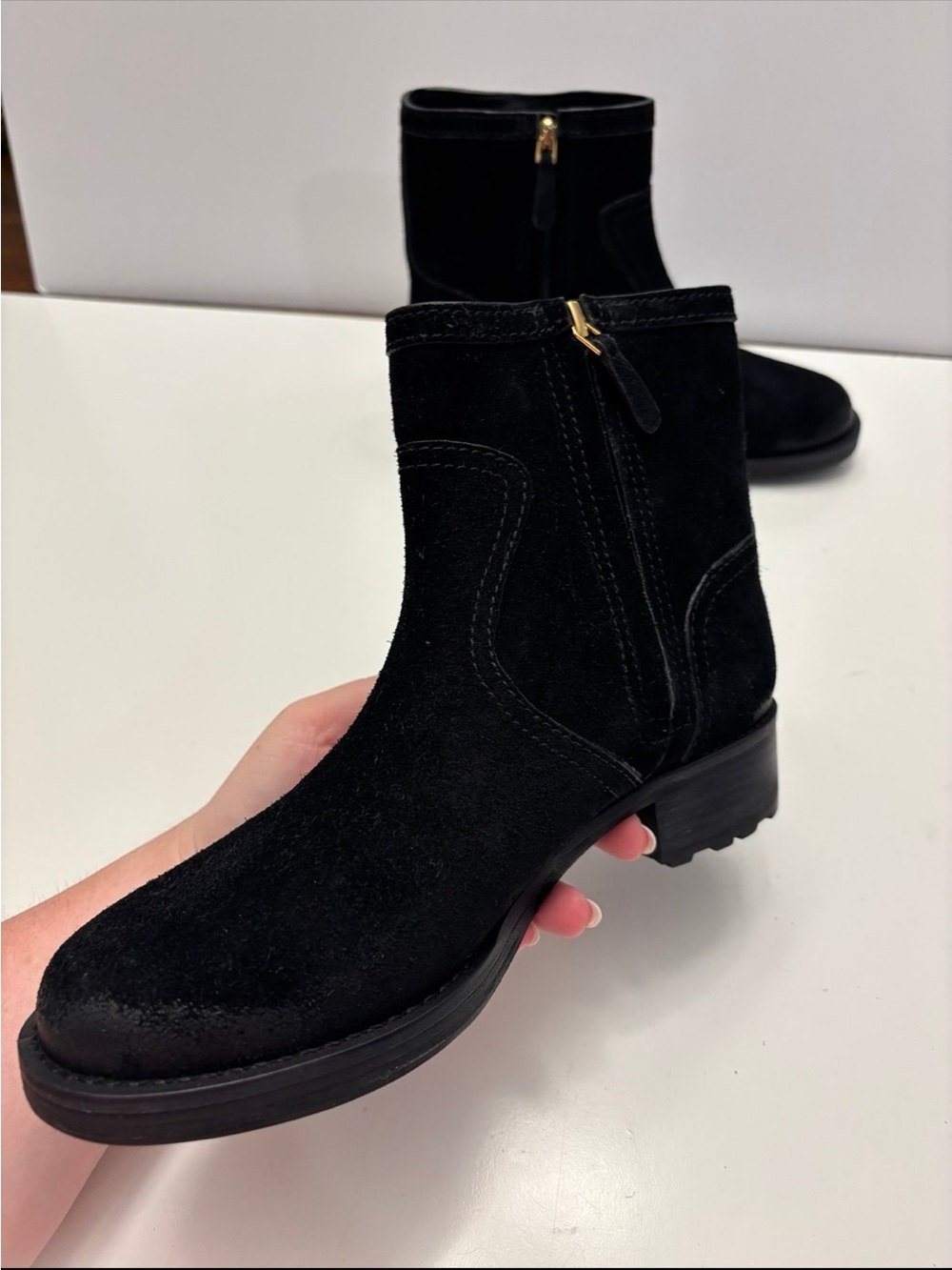 Tory Burch black suede Eloise flat booties with a prominent gold-tone metal logo - Picture 5 of 12